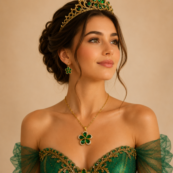 Colar Luxo Flor Princesa Esmeralda da Sorte em Aço Inoxidável