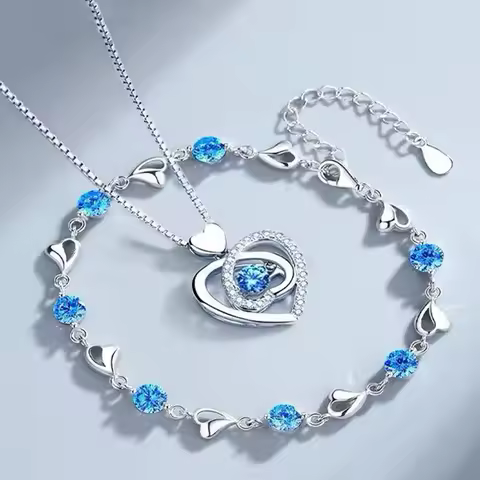 Conjunto Luxo Coração Oceano Prata 925 Feminino