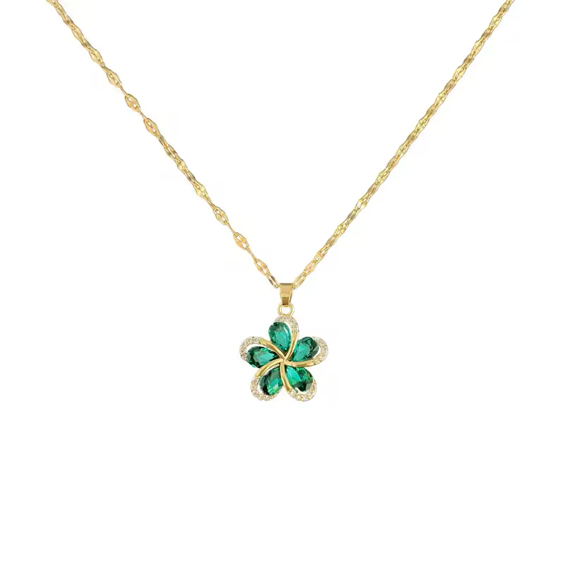 Colar Luxo Flor Princesa Esmeralda da Sorte em Aço Inoxidável